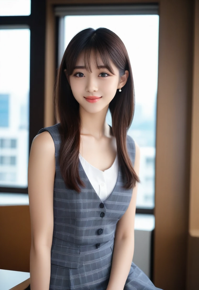 8K, Ultra-high resolution, Highest quality, masterpiece, 三分割法によるphotograph,Surreal, photograph, 1 girl, (16 years old:1.3), pretty girl, Cute face, Beautiful eyes in every detail, 細かくdetailedに,masterpiece,, One Girl:1.2, Japan Female Announcer,whole body、Black Hair、well-groomed eyebrows、Cute Lip Makeup,1 Woman Standing, office worker, (White and grey checked vest:1.2) (Navy pencil skirt) , (Modern office indoors), Cityscape of windows, detailedな背景,Cute gestures、so beautiful,A carefree smile,Healing the heart,blunt bangs,Looking at the audience、beauty,Long neck、Laugh a little、Please close your mouth and laugh、(((Ideal body type))),A-cup small breasts :2,、Portraiture:2、Perfect Anatomy、鮮明なdetailed、detailed、Surreal、Light and shadow,Strong light
