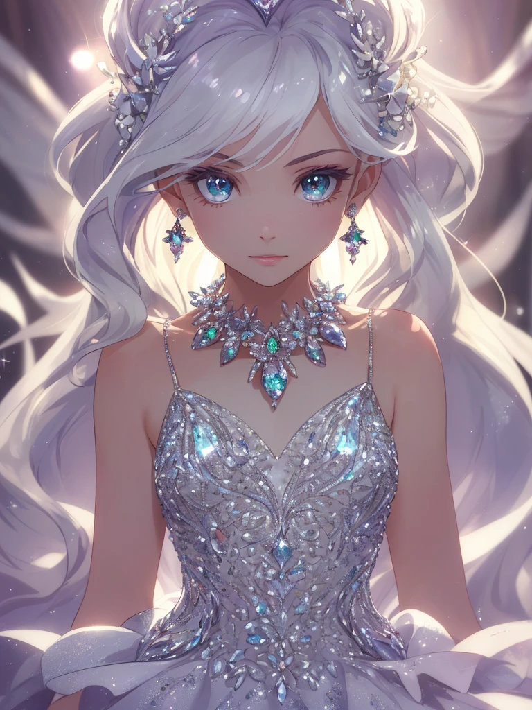 masterpiece, highest quality, figure, alexandrite eyes and hair, platinum earrings, Platinum Necklace, white dress, The Little Mermaid, cute, (dynamic lighting:1.2), cinematic lighting, delicate features, fine eyes, sharp pupils, realistic student, Depth of bounds written, Bokeh, sharp focus, (very detailed, bloom, shine:1.4), Many Small Gems