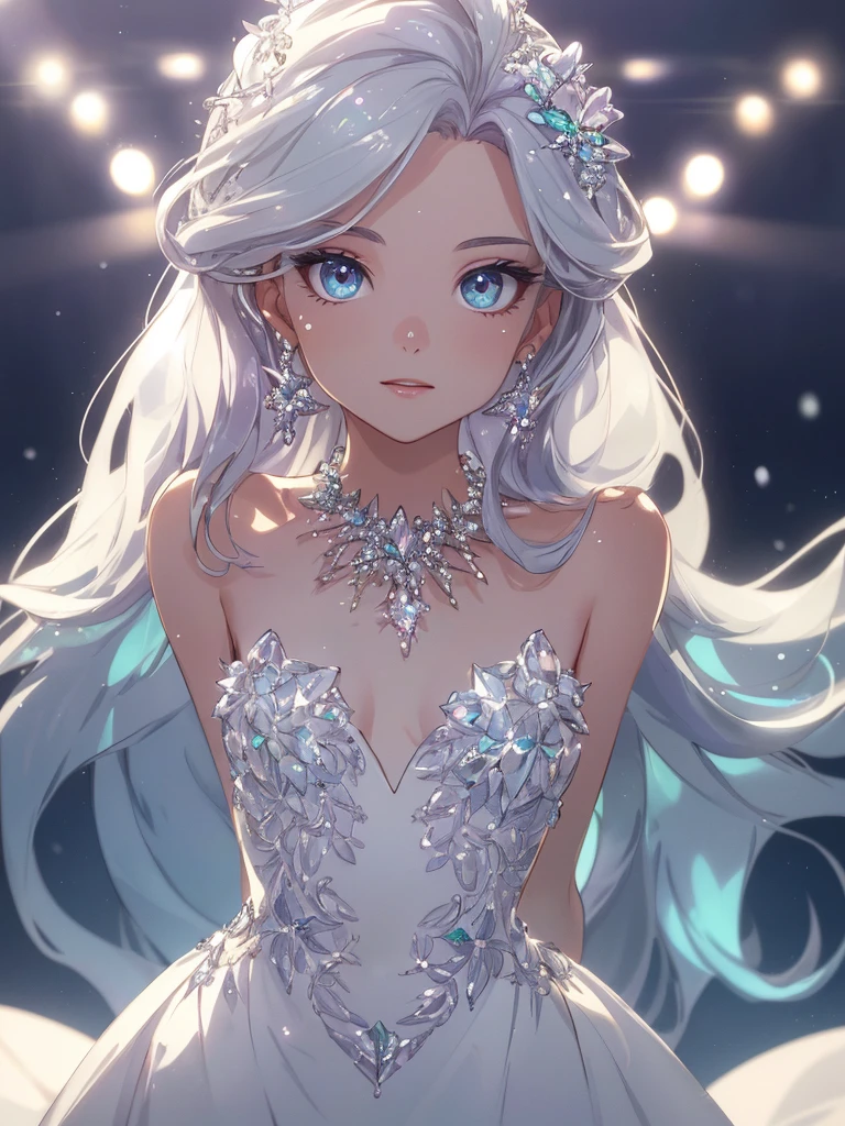masterpiece, highest quality, figure, alexandrite eyes and hair, platinum earrings, Platinum Necklace, white dress, The Little Mermaid, cute, (dynamic lighting:1.2), cinematic lighting, delicate features, fine eyes, sharp pupils, realistic student, Depth of bounds written, Bokeh, sharp focus, (very detailed, bloom, shine:1.4), Many Small Gems