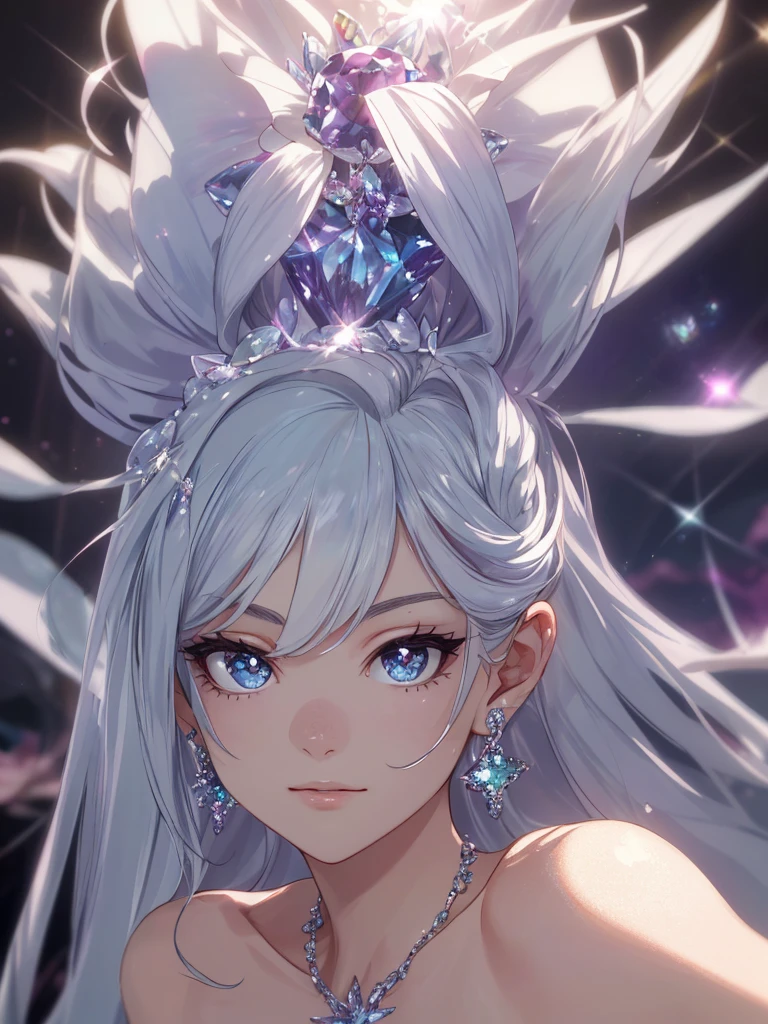 masterpiece, highest quality, figure, alexandrite eyes and hair, platinum earrings, Platinum Necklace, white dress, The Little Mermaid, cute, (dynamic lighting:1.2), cinematic lighting, delicate features, fine eyes, sharp pupils, realistic student, Depth of bounds written, Bokeh, sharp focus, (very detailed, bloom, shine:1.4), Many Small Gems