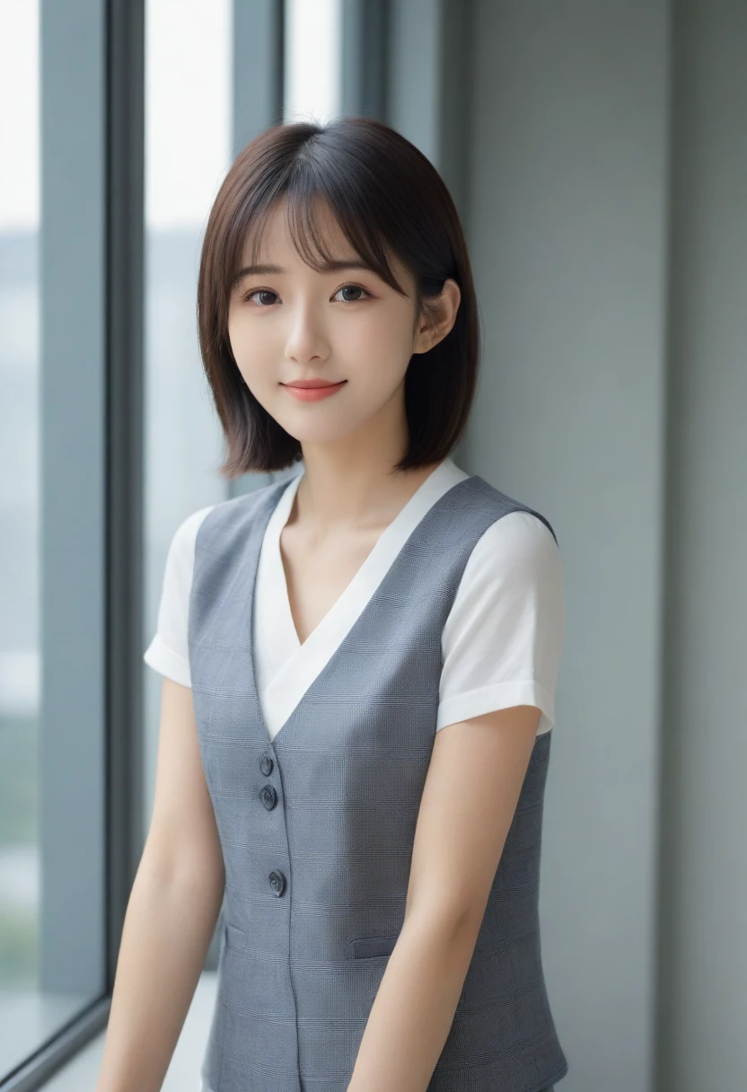 8K, Ultra-high resolution, Highest quality, masterpiece, 三分割法によるphotograph,Surreal, photograph, 1 girl, (16 years old:1.3), pretty girl, Cute face, Beautiful eyes in every detail, 細かくdetailedに,masterpiece,, One Girl:1.2, Japan Female Announcer,whole body、Black Hair、well-groomed eyebrows、Cute Lip Makeup,1 Woman Standing, office worker, (White and grey checked vest:1.2) (Navy pencil skirt) , (Modern office indoors), Cityscape of windows, detailedな背景,Cute gestures、so beautiful,A carefree smile,Healing the heart,blunt bangs,Looking at the audience、beauty,Long neck、Laugh a little、Please close your mouth and laugh、(((Ideal body type))),A-cup small breasts :2,、Portraiture:2、Perfect Anatomy、鮮明なdetailed、detailed、Surreal、Light and shadow,Strong light
