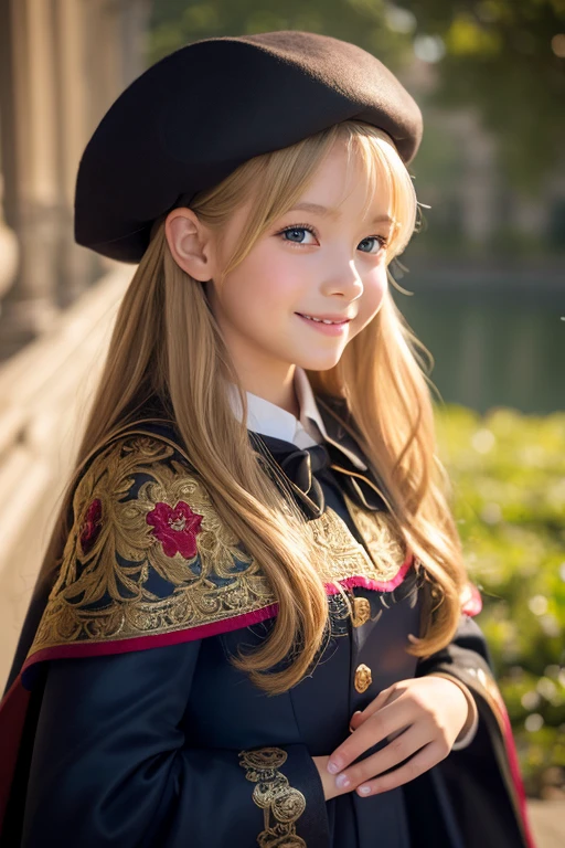 A 6-year-old beautiful girl painted in an oil painting style reminiscent of an impressionist painting. She is fair-skinned and with long blonde hair. She is wearing a gorgeous Rococo dress. The backdrop is a magnificent, gorgeous, cinematic palace. Gentle light. She is looking at me and smiling.
She is wearing a warm cape and beret.
Dark theme. Lake.
