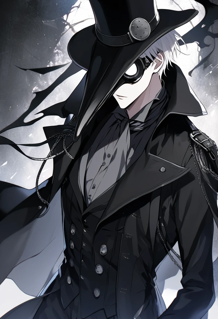solo, handsome, 1 male, short hair, white color hair, white eyes, black coat, black plague doctor mask, black gloves, black top hat