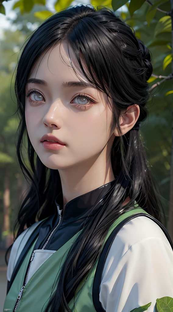 Konoha Village Forehead Protector、1 male, Neji Hyuga in Naruto Shippuden, Long Hair , Black Hair, White light eyes, good looking, White clothes, Realistic clothes, Clothing Details,Green vest、 Forest Background, Super detailed, Realistic