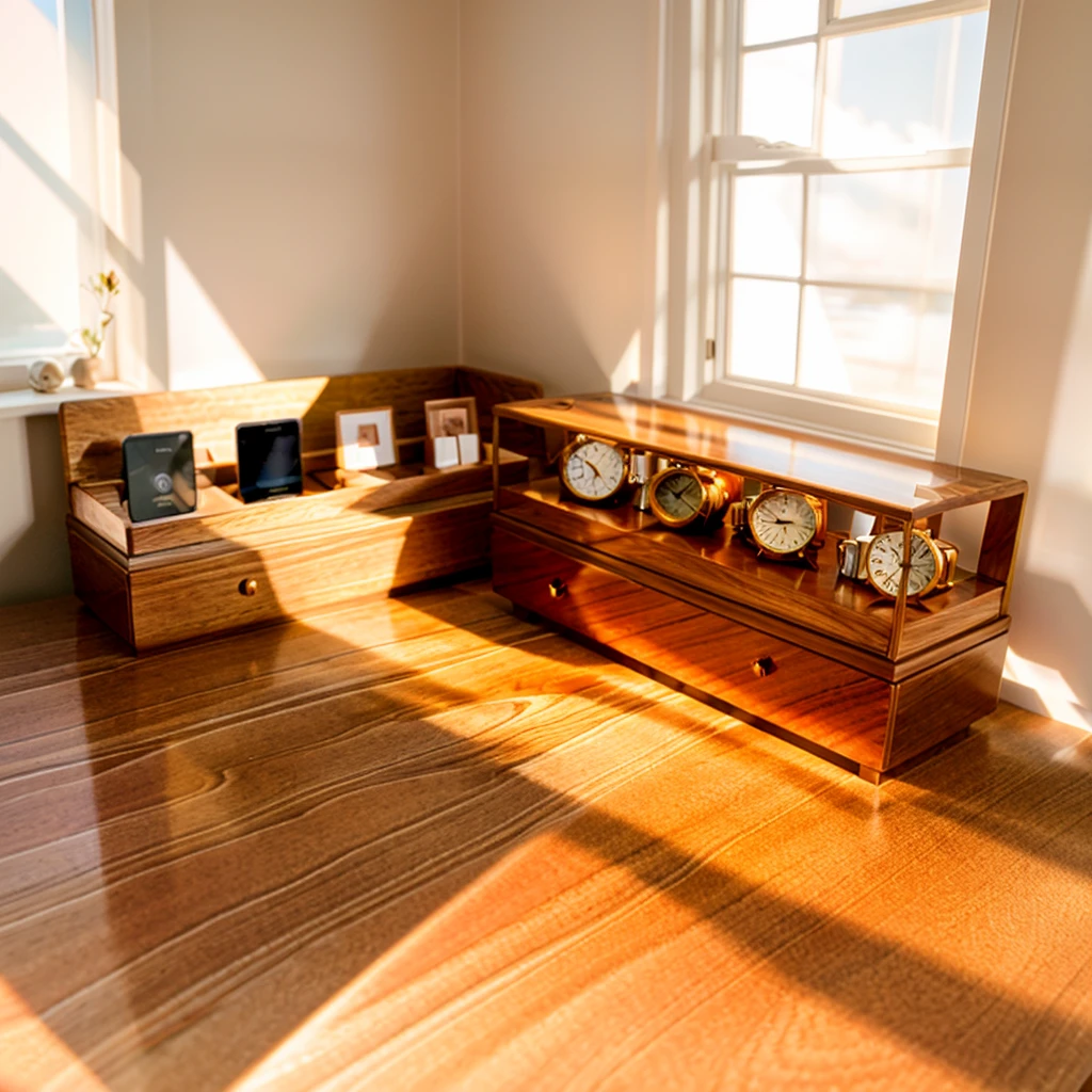 In this cozy room,A ray of sunlight shone on the table through the half-drawn curtains,Let the wood grain on the watch storage case shine with a faint sheen。There is a calm and serene atmosphere in the surrounding air。Several still lifes hang on the walls of the room,It adds a touch of elegance to the space。And on the other side of the room,A half-open window lets the breeze blow in,The pages on the small desk by the window flipped in the wind,This quiet scene gives a sense of tranquility and comfort。