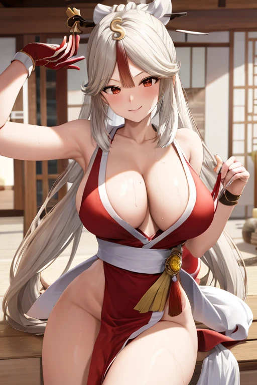 masterpiece, best quality, beautiful art, high resolution, well formed hands, body and fingers, 1 woman, solo, Ningguang , grown up,  cosplaying as Mai Shiranui , adult, big breasted, cleavage full body,  hair ribbon, gorgeous legs and, thighs, sexy Japanese clothes, hair ornament , doing exercise, warming up, working out, sexy and captivating training, smiling joyfully and happily , lifted up skirt, sweating , bouncing breasts, t back thong, training montage session, beach environment  