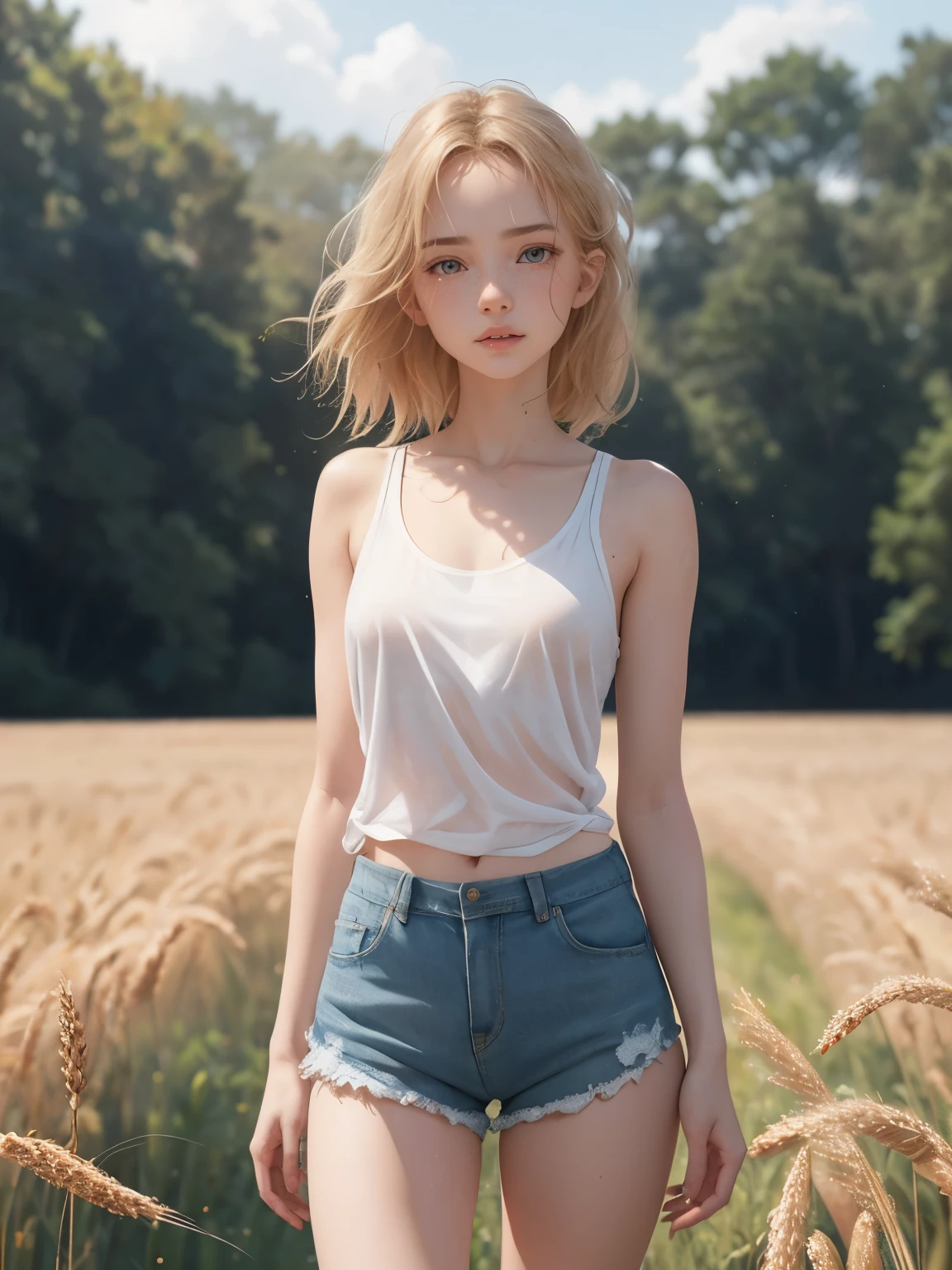 (whole body:1.5),octane rendering, 8K, best quality, masterpiece, backlit scene, single light,illustration, extremely delicate and beautiful, detailed,extremely detailed,CG,Unite,wallpaper,Astonishing, fine details, realistic art: 1.2 ,masterpiece, best quality, official art, extremely detailed CG Unite 8K wallpaper,1 girl, , wearing tiny jean shorts and a see-through white baby t-shirt, standing in a field of wheat, skinny body, sleepy facial expression,,wide open eyes, green eyes, light red hair, widows peak, pretty symetrical face, shiny wet skin, white skin, freckles, pale complexion, thin waist, narrow hips, long legs, skinny body, small breasts, , Realistic photos, (hiqcgbody) ,perfect female figure,