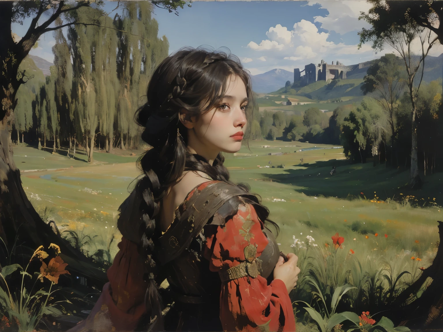 a girl with braided hair from the back in front of a giant medieval wall mid a open landscape,red apples,megalomania,city ruins,bealtifull landscape,flowers field,old trees,little lake on corner,detailed,oil painting,renascentist,frame,art style,art nouveau,shadow of the colossus,fellings