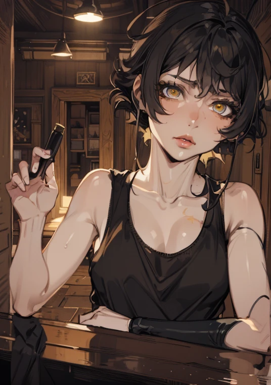 tiefling girl with horns, tight white priestess outfit, dnd style portraiе, pixie-cut black hair, dark make-up, lipstick, tatoo, warlock celestial, yellow eyes skirt,sex face