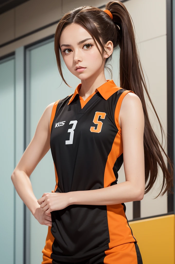 Create an image in the style of the anime haikyuu, of a beautiful woman, with brown hair, half green brown eyes, Caucasian skin, Bullish, with a ponytail and a black uniform with orange details ( from Karasuno High School ) with number 3 on the court 