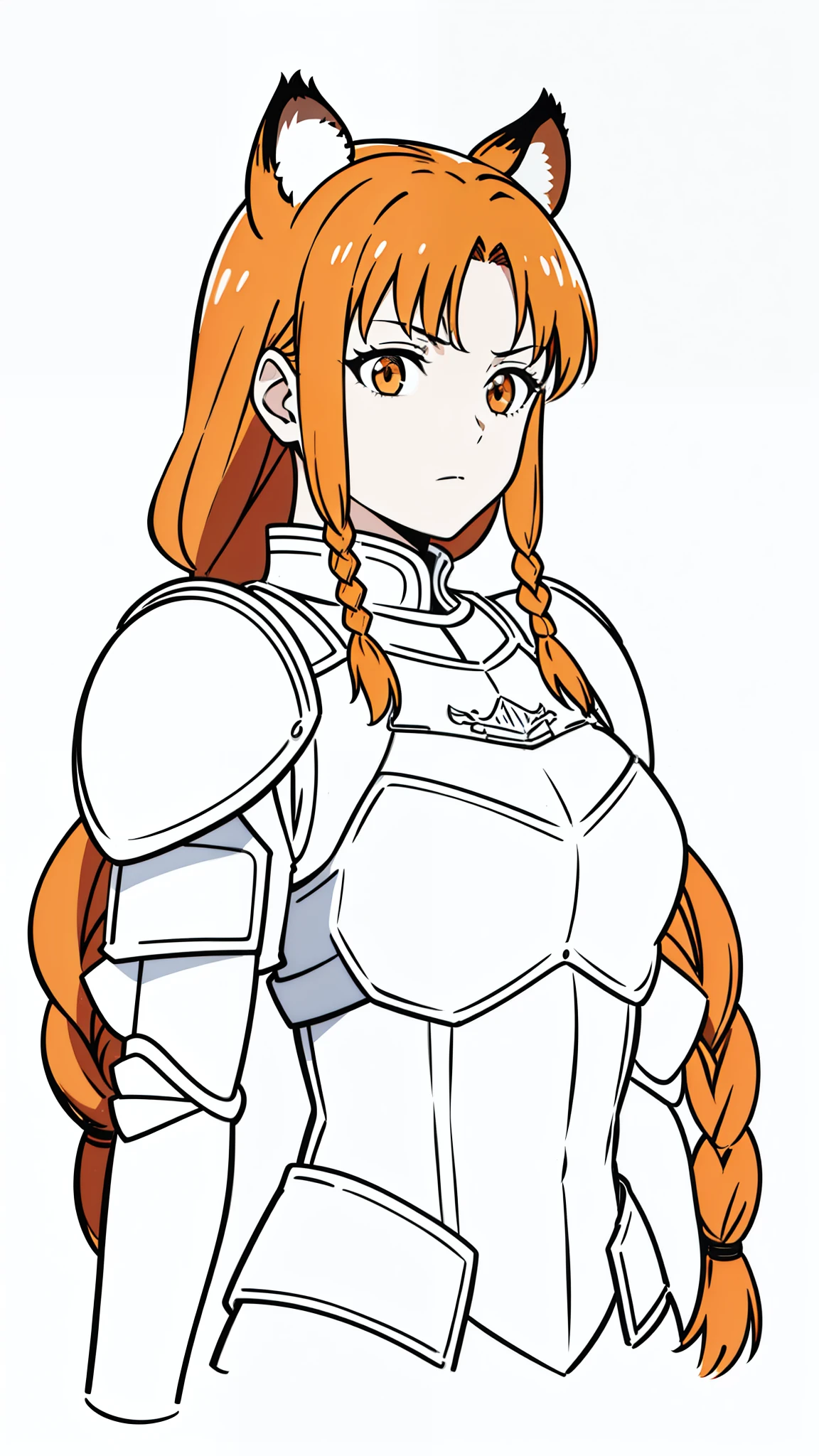 (1girl,20 years old,mature female,solo),tiger ears,long hair,(twin braids),orange hair,white knight armor,(white background,line drawing),upper body,serious,upper body