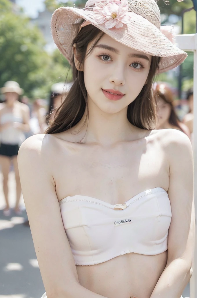 (Extremely meticulous CG),(((8k))),wallpaper,((Extremely refined and beautiful)),(((Masterpiece))),(((best qualtiy))),(((Ultra High Resolution))),realistic shaded,(Smooth and flawless fair skin:1.5),(Extremely exquisite facial details:1.2),(ultra-detailed:1.5),((a beautiful girl,solo)),(Pink Fisherman hat:1.5),(shoulder length straight hair:1.3),(small head:1.2),(slender face:1.2),(Exquisite makeup:1.3),(happy:1.2),(laughing:1.2),(perfect body:1.2),(strapless white bra:1.5),(small breasts:1.3),(flat chest:1.2),((slim,thin)),(from front:1.3),(at the schoolgate:1.5),(urban landscape:1.3),(outdoor:1.3),(summer:1.3),(day scene:1.3),(afternoon sunshine:1.3),(close-up of face:1.3),(surrounded by crowded crowds:1.5)