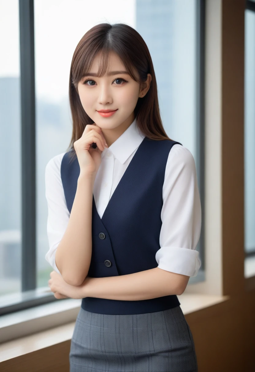 8K, Ultra-high resolution, Highest quality, masterpiece, 三分割法によるphotograph,Surreal, photograph, 1 girl, (16 years old:1.3), pretty girl, Cute face, Beautiful eyes in every detail, 細かくdetailedに,masterpiece,, One Girl:1.2, Japan Female Announcer,whole body、Black Hair、well-groomed eyebrows、Cute Lip Makeup,1 Woman Standing, office worker, (White and grey checked vest:1.2) (Navy pencil skirt) , (Modern office indoors), Cityscape of windows, detailedな背景,Cute gestures、so beautiful,A carefree smile,Healing the heart,blunt bangs,Looking at the audience、beauty,Long neck、Laugh a little、Please close your mouth and laugh、(((Ideal body type))),A-cup small breasts :2,、Portraiture:2、Perfect Anatomy、鮮明なdetailed、detailed、Surreal、Light and shadow,Strong light