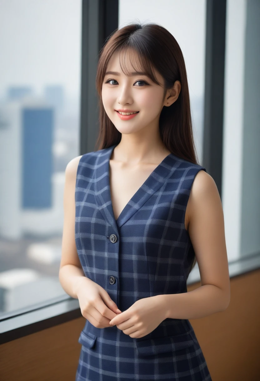 8K, Ultra-high resolution, Highest quality, masterpiece, 三分割法によるphotograph,Surreal, photograph, 1 girl, (16 years old:1.3), pretty girl, Cute face, Beautiful eyes in every detail, 細かくdetailedに,masterpiece,, One Girl:1.2, Japan Female Announcer,whole body、Black Hair、well-groomed eyebrows、Cute Lip Makeup,1 Woman Standing, office worker, (White and grey checked vest:1.2) (Navy pencil skirt) , (Modern office indoors), Cityscape of windows, detailedな背景,Cute gestures、so beautiful,A carefree smile,Healing the heart,blunt bangs,Looking at the audience、beauty,Long neck、Laugh a little、Please close your mouth and laugh、(((Ideal body type))),A-cup small breasts :2,、Portraiture:2、Perfect ???????、鮮明なdetailed、detailed、Surreal、Light and shadow,Strong light