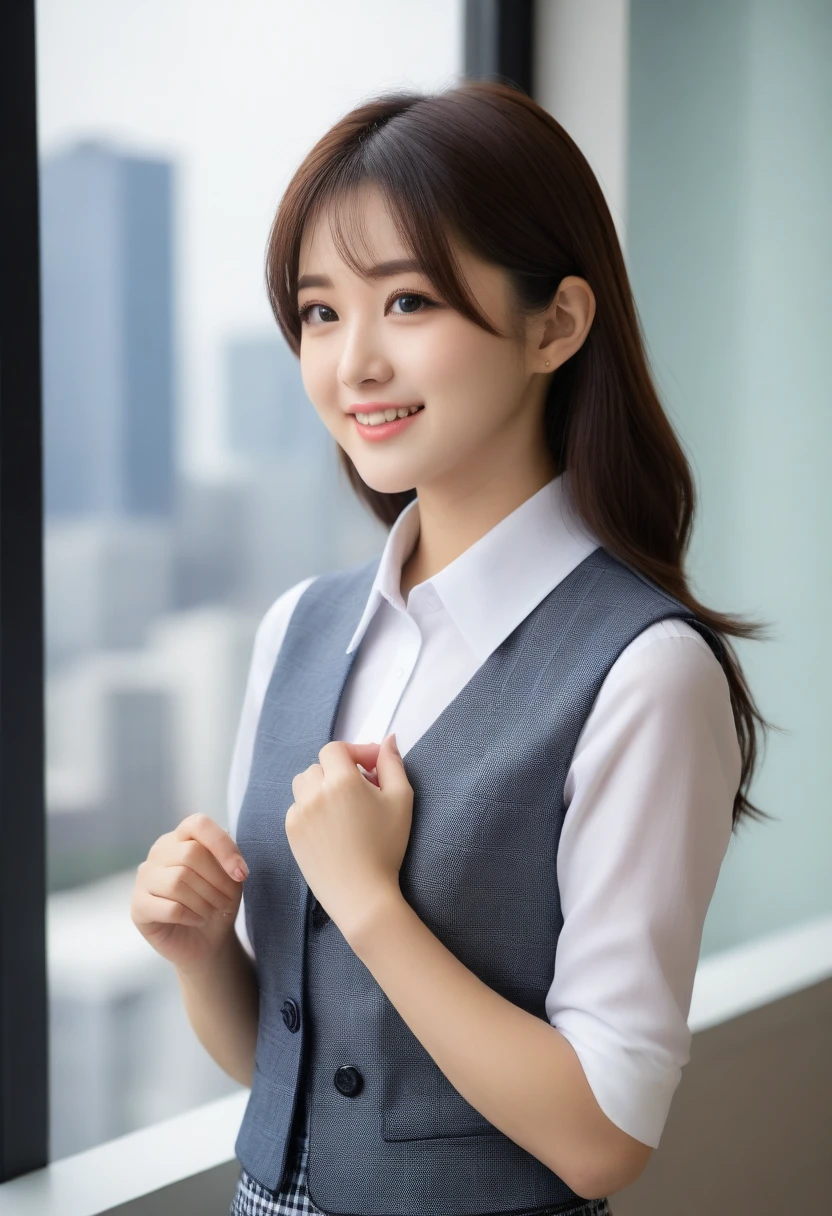 8K, Ultra-high resolution, Highest quality, masterpiece, 三分割法によるphotograph,Surreal, photograph, 1 girl, (:1.3), pretty girl, Cute face, Beautiful eyes in every detail, 細かくdetailedに,masterpiece,, One Girl:1.2, Japan Female Announcer,whole body、Black Hair、well-groomed eyebrows、Cute Lip Makeup,1 Woman Standing, office worker, (White and grey checked vest:1.2) (Navy pencil skirt) , (Modern office indoors), Cityscape of windows, detailedな背景,Cute gestures、so beautiful,A carefree smile,Healing the heart,blunt bangs,Looking at the audience、beauty,Long neck、Laugh a little、Please close your mouth and laugh、(((Ideal body type))),A-cup small breasts :2,、Portraiture:2、Perfect Anatomy、鮮明なdetailed、detailed、Surreal、Light and shadow,Strong light