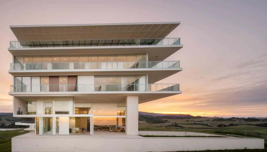 in the morning, sunrise, contemporary house exterior, beige and white mix together, glass door and window, large span balcony, on grassland, hillside, tropical landscape, masterpiece, high quality, ultra hd,