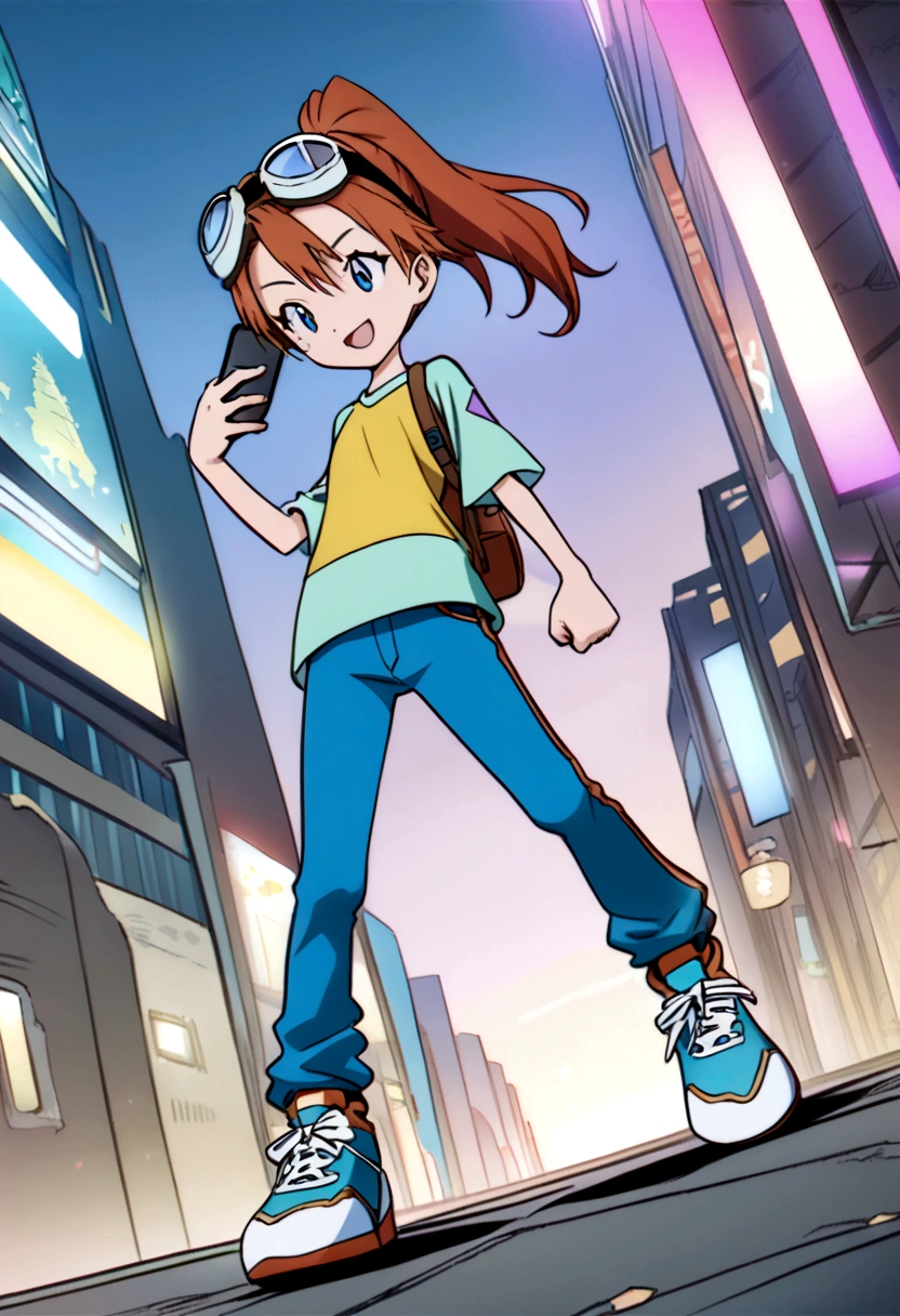 (dynamic pose:1.5), (best quality, masterpiece, absurdres, highres, ultra_detailed, dynamic angle:1.2), best quality, full body, young  girl digimon tamer, on a futuristic city street, AUBURN HAIR,BLUE EYES,ponytail, kids clothes, girl,skinny blue jeans, brown leather belt,short stature, flat chest, goggles, goggles on head,t-shirt,raglan sleeves,high top sneakers, holding smartphone, single strap backpack, futuristic city, neon lights, evening, dim light, happy, smile, athletic, kid, Digimon 