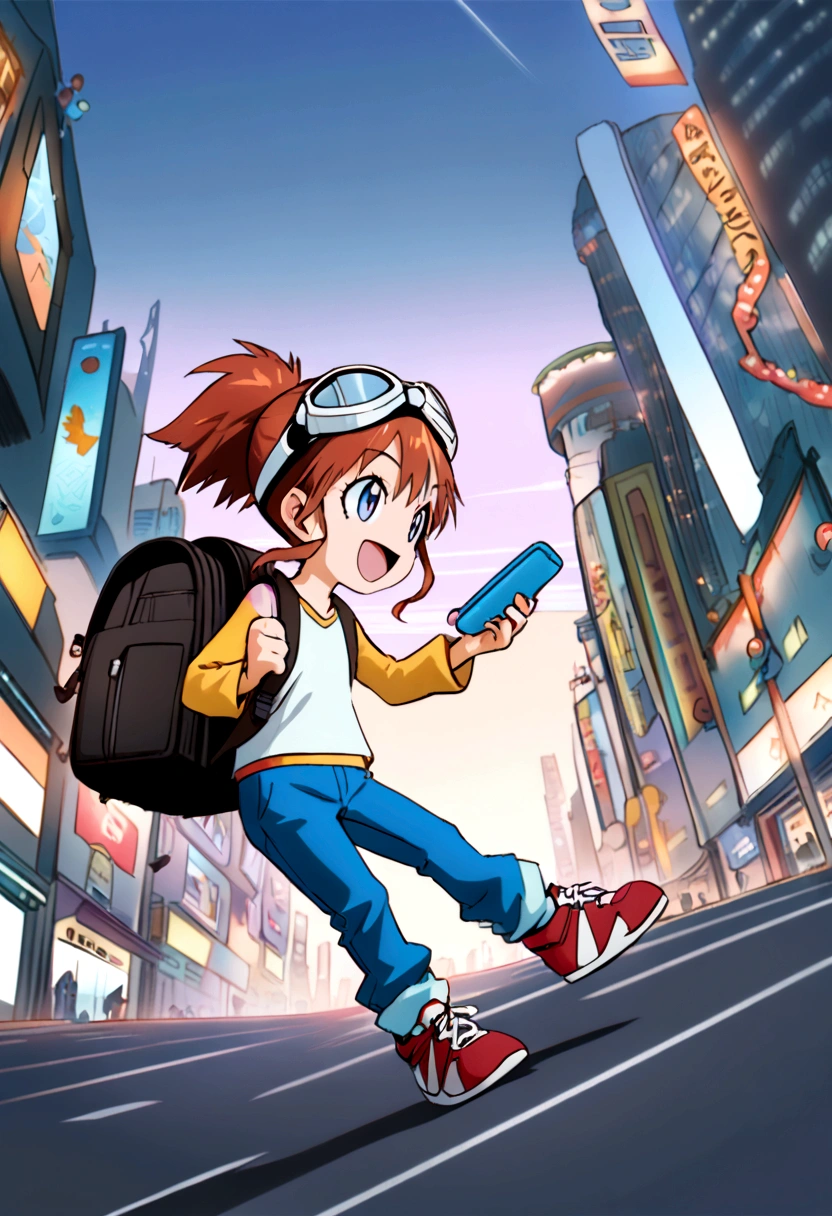 (dynamic pose:1.5), (best quality, masterpiece, absurdres, highres, ultra_detailed, dynamic angle:1.2), best quality, full body, young kid girl digimon tamer, on a futuristic city street, AUBURN HAIR,BLUE EYES,ponytail, kids clothes, girl,skinny blue jeans, brown leather belt,short stature, flat chest, goggles, goggles on head,t-shirt,raglan sleeves,high top sneakers, holding smartphone, single strap backpack, futuristic city, neon lights, evening, dim light, happy, smile, athletic, kid, Digimon 