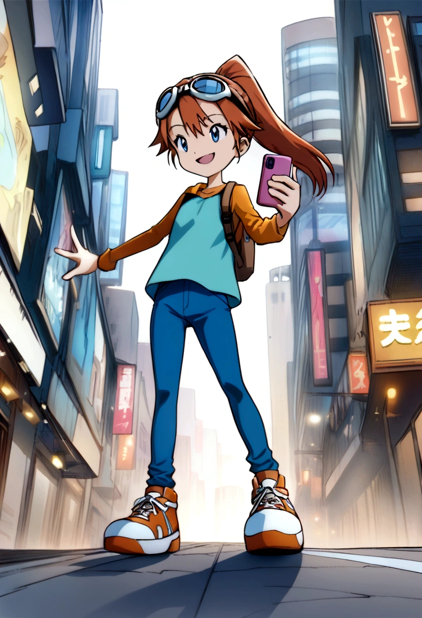 (dynamic pose:1.5), (best quality, masterpiece, absurdres, highres, ultra_detailed, dynamic angle:1.2), best quality, full body, young  girl digimon tamer, on a futuristic city street, AUBURN HAIR,BLUE EYES,ponytail, kids clothes, girl,skinny blue jeans, brown leather belt,short stature, flat chest, goggles, goggles on head,t-shirt,raglan sleeves,high top sneakers, holding smartphone, single strap backpack, futuristic city, neon lights, evening, dim light, happy, smile, athletic, kid, Digimon 