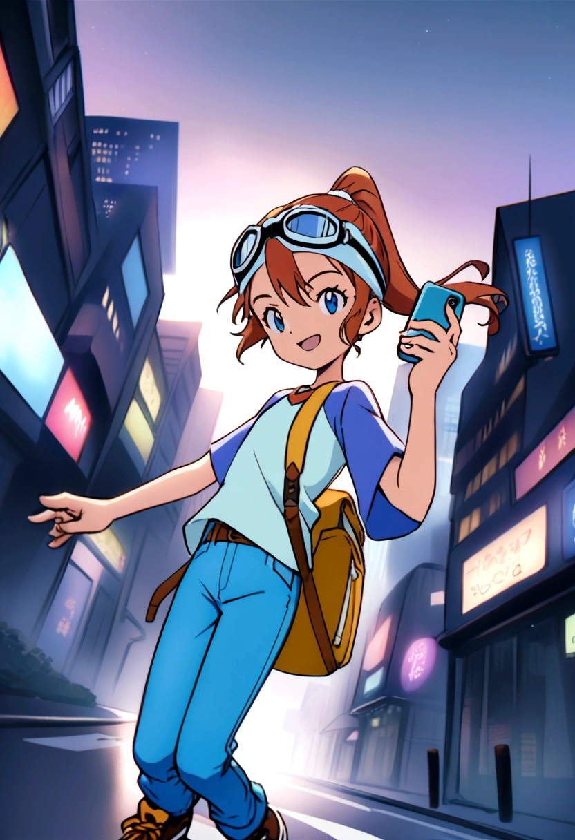 (dynamic pose:1.5), (best quality, masterpiece, absurdres, highres, ultra_detailed, dynamic angle:1.2), best quality, full body, young  girl digimon tamer, on a futuristic city street, AUBURN HAIR,BLUE EYES,ponytail, kids clothes, girl,skinny blue jeans, brown leather belt,short stature, flat chest, goggles, goggles on head,t-shirt,raglan sleeves,high top sneakers, holding smartphone, single strap backpack, futuristic city, neon lights, evening, dim light, happy, smile, athletic, kid, Digimon 