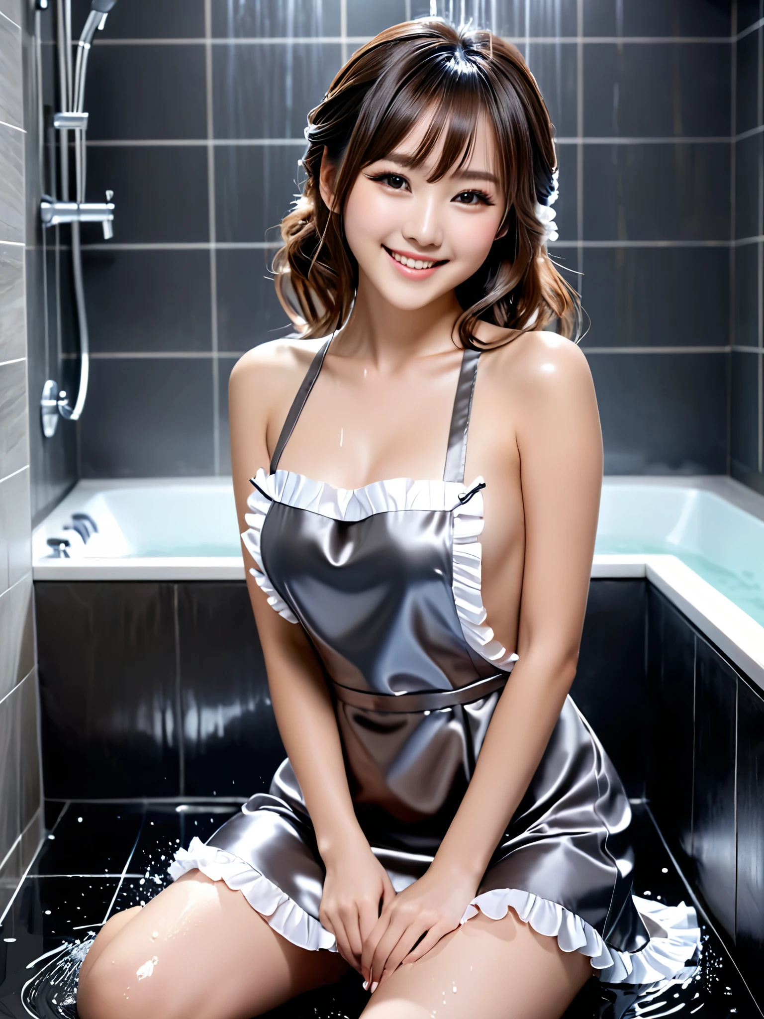 product quality, 1girl, full body shot, front view, a Japanese young pretty girl, shoulder length hair, wearing only a silky satin dark gray apron with white frills over her naked body with a big smile, lying on her back on a floor in a luxury shower room, glamorous figure, wet hair, wet body, busty, hyper cute face, glossy lips, double eyelids in both eyes, natural makeup, long eyelashes, shiny smooth light brown hair, asymmetrical bangs, fair skin, central image, high resolution, high detail, detailed hairstyle, detailed face, cinematic lighting, octane rendering, vibrant, hyper realistic, perfect limbs, perfect anatomy