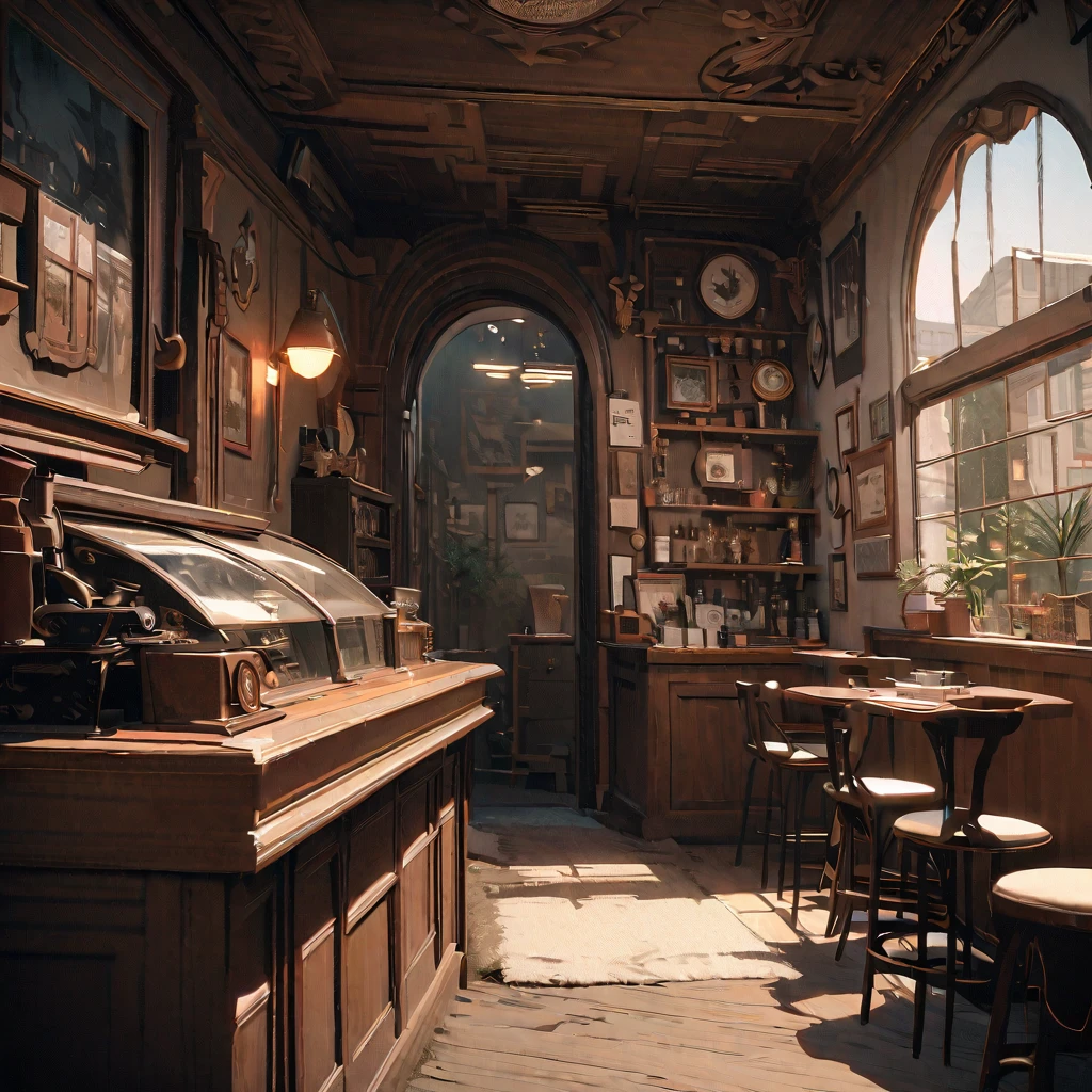 masterpiece,highest quality,ultra-detailed,high-definition background,ultra-precision picture quality,ultra-detailed,high-definition background,8K,hi-res,high quality,break,atmospheric cafe,antique Shop interior, stylish decor, girl, Japanese manga style, sketch, デジタルパステル色.