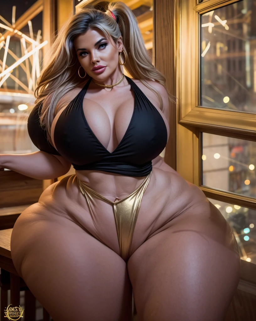(zoom in), (masterpiece), 4k artwork, (hyper realist), Beautiful elderly woman, 65 years old, Grandmother, Female teacher, with an incredible body wearing a white swimsuit with a gold garter belt on the thighs with bronze and gold details, with her back to the camera showing a huge ass, Very slender waist, wide hip, linda Grandmother, beautiful old woman, night and urban scenery with bokeh and flares on camera