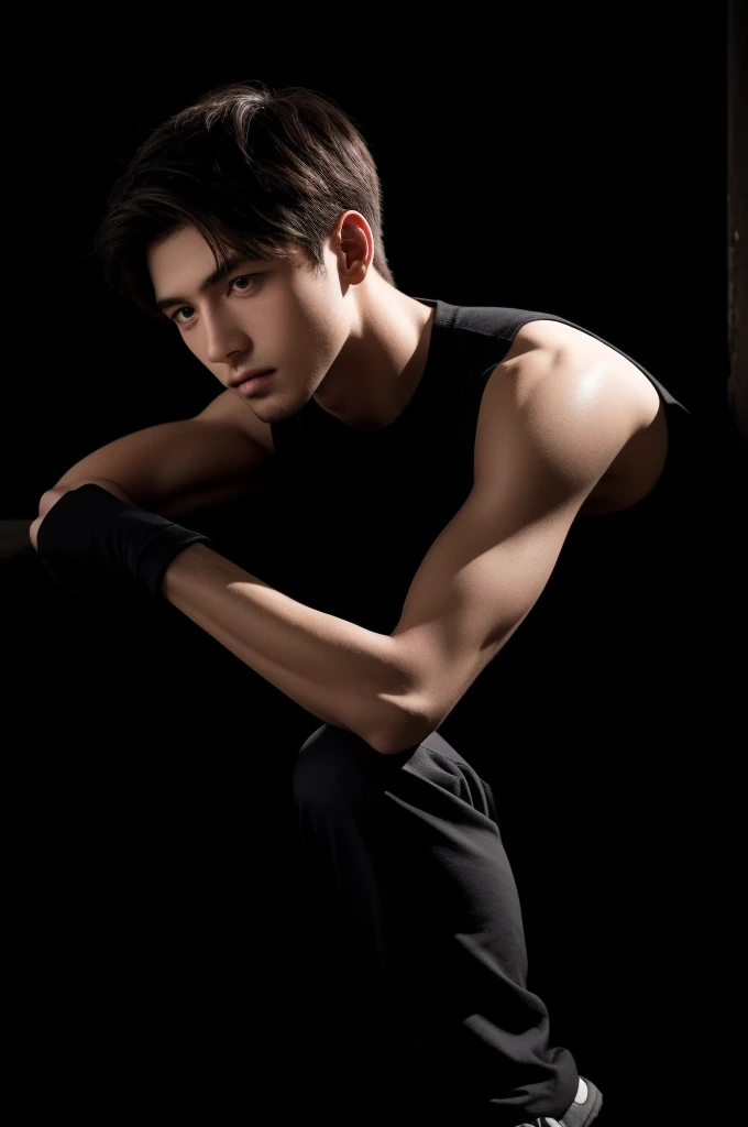 Solo, male focuasterpiece, ultra quality, high resolution, 8k, intricate: 1.2), (detailed face:1.2), handsome, Young Korean man , , detailed skin, 1boy, ((realistic)), (Crawling on All Fours, Kneeling),