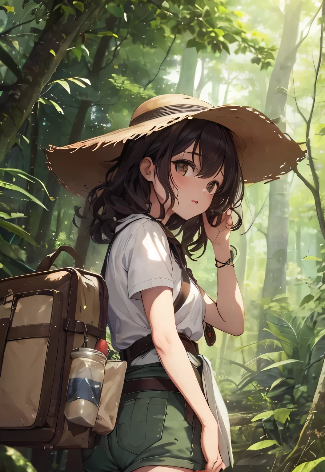 Woman in her 20s、Dressed like an explorer、Explorer-like hat、Brown Hair、Her hair is medium length and curly、In the jungle、The sunlight is shining through the treeystical images、8K、The woman is looking up at an angle、An image of heading towards the forest、From the back、cute、The woman is a little far away、Woman looking from the side、The sunlight filtering through the trees is dazzling、Watching a woman from afar、Shorts、Looking up at the sky、Alone in the distance、Quite far、Landscape painting,Straight, shining eyes