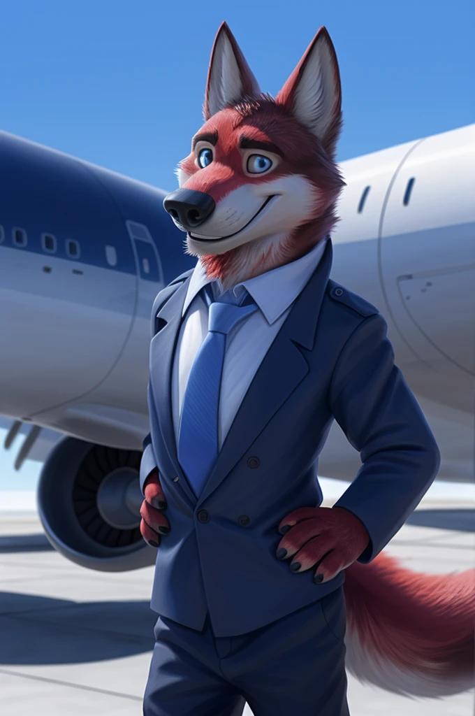 Ivan Fedorovich Wolfbach (Novosibirsk) ,высокий Beautiful, wolf,young, 24 years, brown fur,Kind,(red body:1.3),beautiful blue eyes,Novosibirsk,dressed,civil aviation pilot uniform,White shirt,epaulets командира, черный tie, trousers,airline pilot, commander's cap, trousers,canine, wolf, detailed fur, male, second, paw pads, finger claws,At the viewer, 5 fingers, paws, 5 fingers, smile, wrist watch, т nextel,by xenoforge, (difficult, high detail, digital photography, soft focus, RAW,goes for a walk, ,Very close to the camera,airport,Novosibirsk, smile, good mood, positive, Very close to the camera,without hair, epaulets captain, shoulder straps yellow stripe 4, plane tu-154m
Photorealism, realistic, photorealistic, digital style, Subsurface scattering,I look at the viewer,стоит White shirt, epaulets, captain, trousers, tie, next to a Boeing 747 400 plane,smile, teeth, Beautiful,
masterpiece, Best quality, ultra realistic, 8 thousand.)