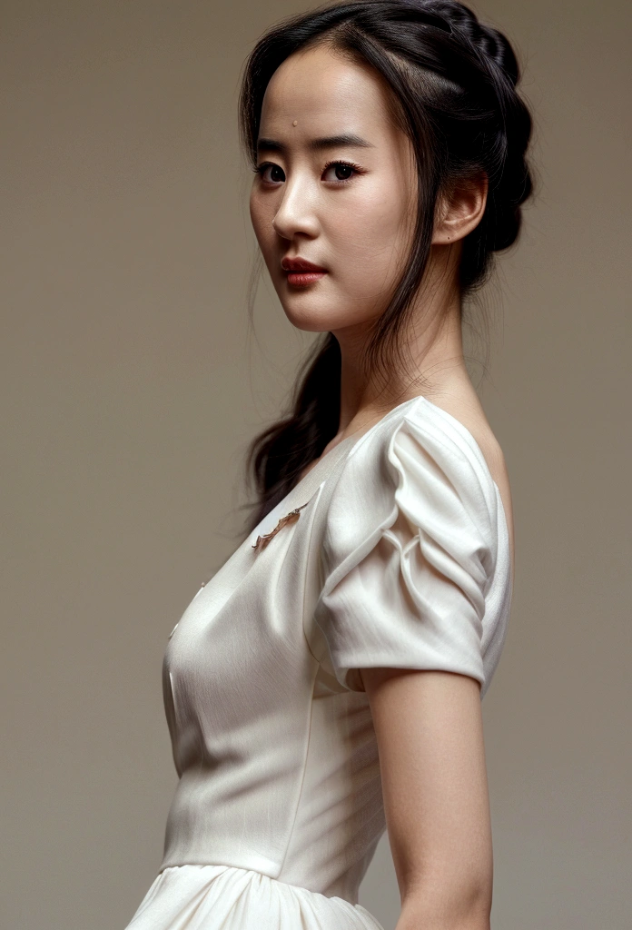 Liu Yifei wearing a white dress looking ahead. (photorealistic, hyperrealistic, stunningly beautiful, detailed clothing, highly detailed,:1.2)