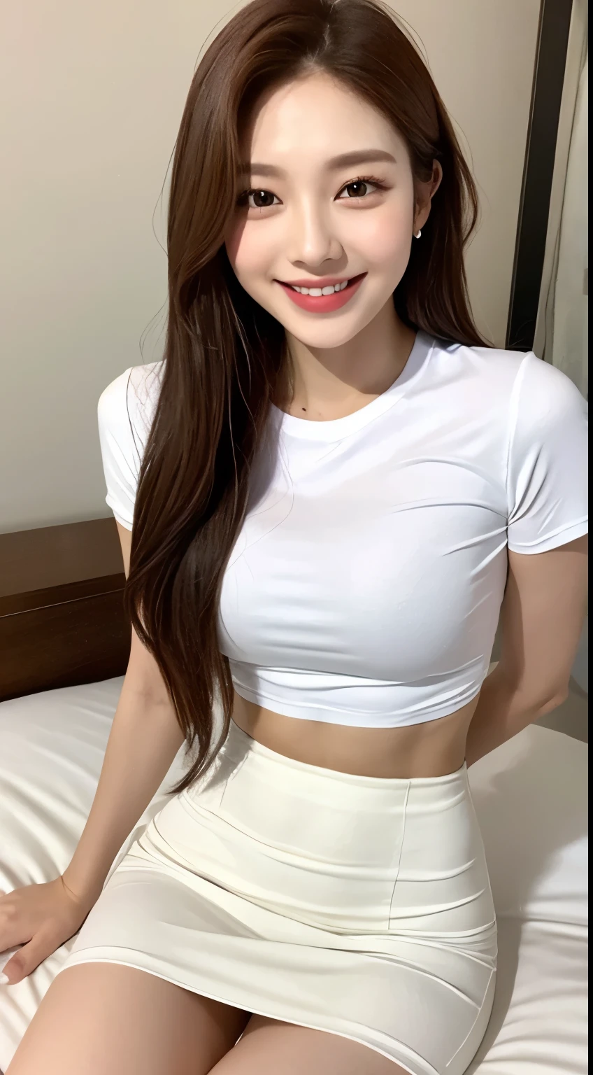 White tight skinny shirt、White tight skinny mini skirt、bed、smile、Short sleeve、high resolution、Korean idol face、double eyelid、White teeth