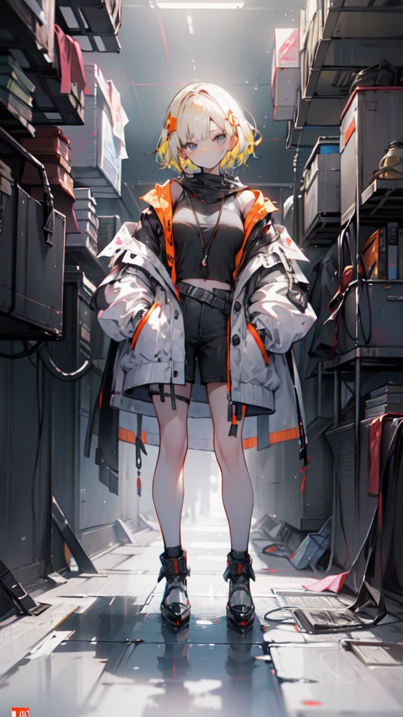 1 girl, short yellow hair, cyberpunk, Alice in Wonderland, black high heels, hand in pocket, best quality, 4k, 8k, highres, masterpiece:1.2, ultra-detailed, realistic, photorealistic, photo-realistic:1.37, HDR, UHD, studio lighting, ultra-fine painting, sharp focus, physically-based rendering, extreme detail description, professional, vivid colors, bokeh, concept art