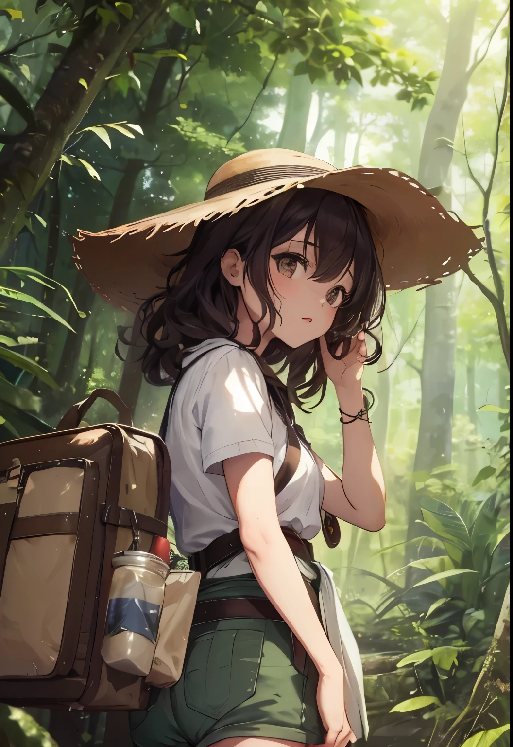 Woman in her 20s、Dressed like an explorer、Explorer-like hat、Brown Hair、Her hair is medium length and curly、In the jungle、The sunlight is shining through the trees。Mystical images、8K、The woman is looking up at an angle、An image of heading towards the forest、From the back、cute、The woman is a little far away、Woman looking from the side、The sunlight filtering through the trees is dazzling、Watching a woman from afar、Shorts、Looking up at the sky、Alone in the distance、Quite far、Landscape painting,Straight, shining eyes
