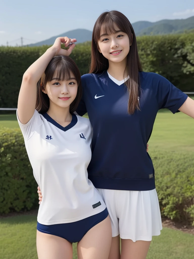 1 girl, alone, Ten generations, , white, cute, beautiful, wearing a volleyball uniform, navy blue and white colour on the outfit, white t-shirt, Navy blue high-leg bloomers, masterpiece, high quality, brown hair, bangs, smile, sweet, sunny morning, outdoor, Stand and pose romantically, sexy, upturned butt, Magazine Shots
