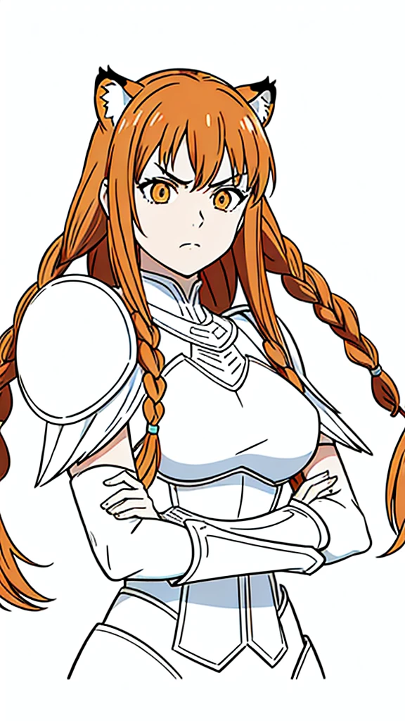 (1girl,20 years old,mature female,solo),tiger ears,long hair,(twin braids),orange hair,white knight armor,(white background,line drawing),upper body,angry,upper body
