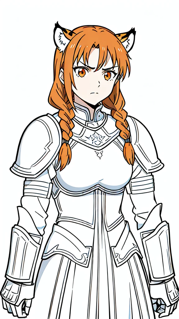 (1girl,20 years old,mature female,solo),tiger ears,long hair,(twin braids),orange hair,white knight armor,(white background,line drawing),upper body,angry,upper body