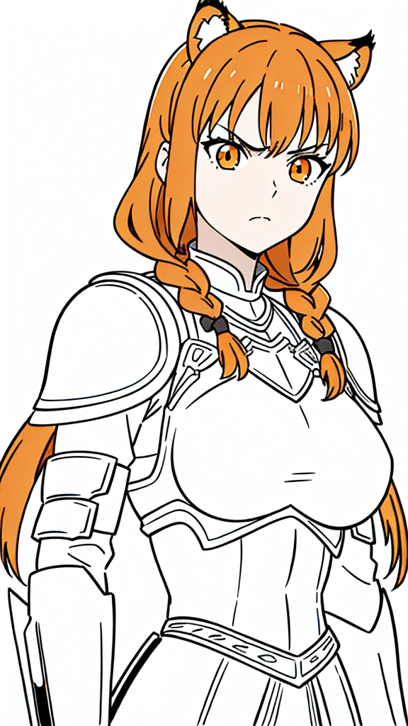 (1girl,20 years old,mature female,solo),tiger ears,long hair,(twin braids),orange hair,white knight armor,(white background,line drawing),upper body,angry,upper body