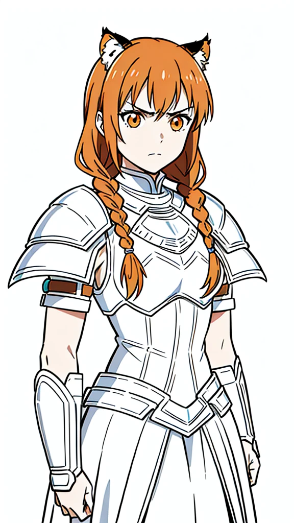 (1girl,20 years old,mature female,solo),tiger ears,long hair,(twin braids),orange hair,white knight armor,(white background,line drawing),upper body,angry,upper body