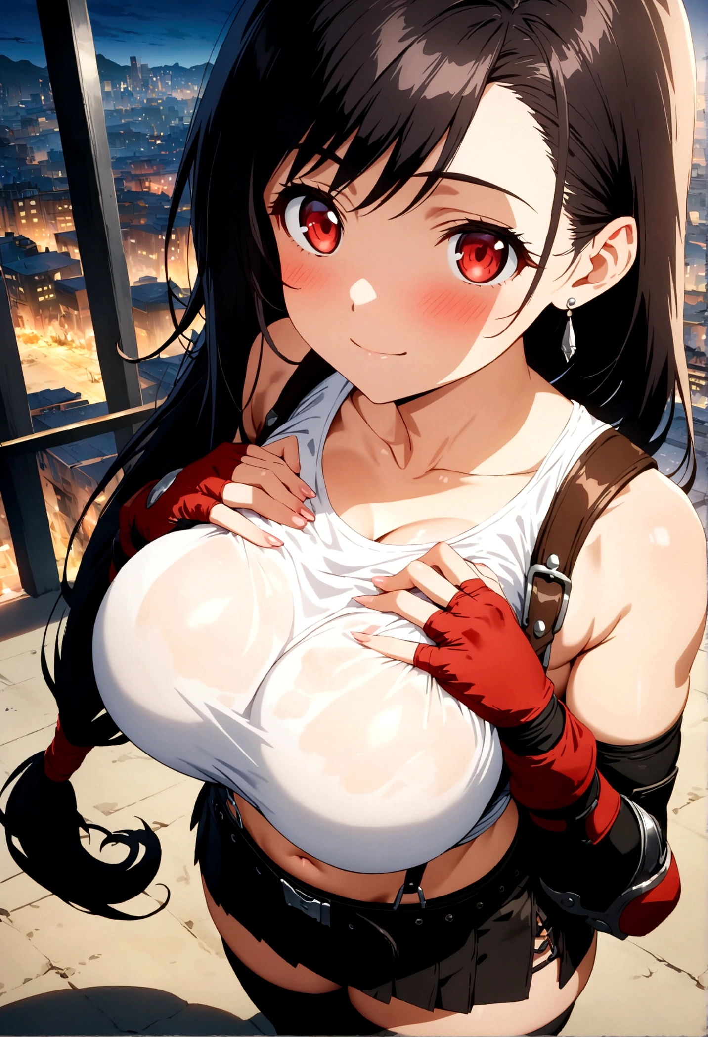 score_9, score_8_up, score_7_up,4k, ,BREAK , from front,from above,breast focus,standing,straight-on,(breast suppress,breasts squeezed together),,(medium shot),looking_at_viewer ,1girl, tifa lockhart, final fantasy, tareme,black hair, low-tied long hair, red eyes, bangs, white tank top, belt, pleated skirt, thighhighs, elbow fingerless gloves, elbow pads, midriff, navel,suspender skirt ,big_breasts,(light smile),Curvy waist ,Solo,,(midnight and beachside and city),Toned,,detailed skin,(best quality),(aesthetic,very aesthetic),masterpiece, highres,4k,(ultra-detailed:1.4) (illustration:0.4), (ray tracing,:0.7),(anime colored:0.7),(ai-generated:0.5), (anime screencap:0.8),