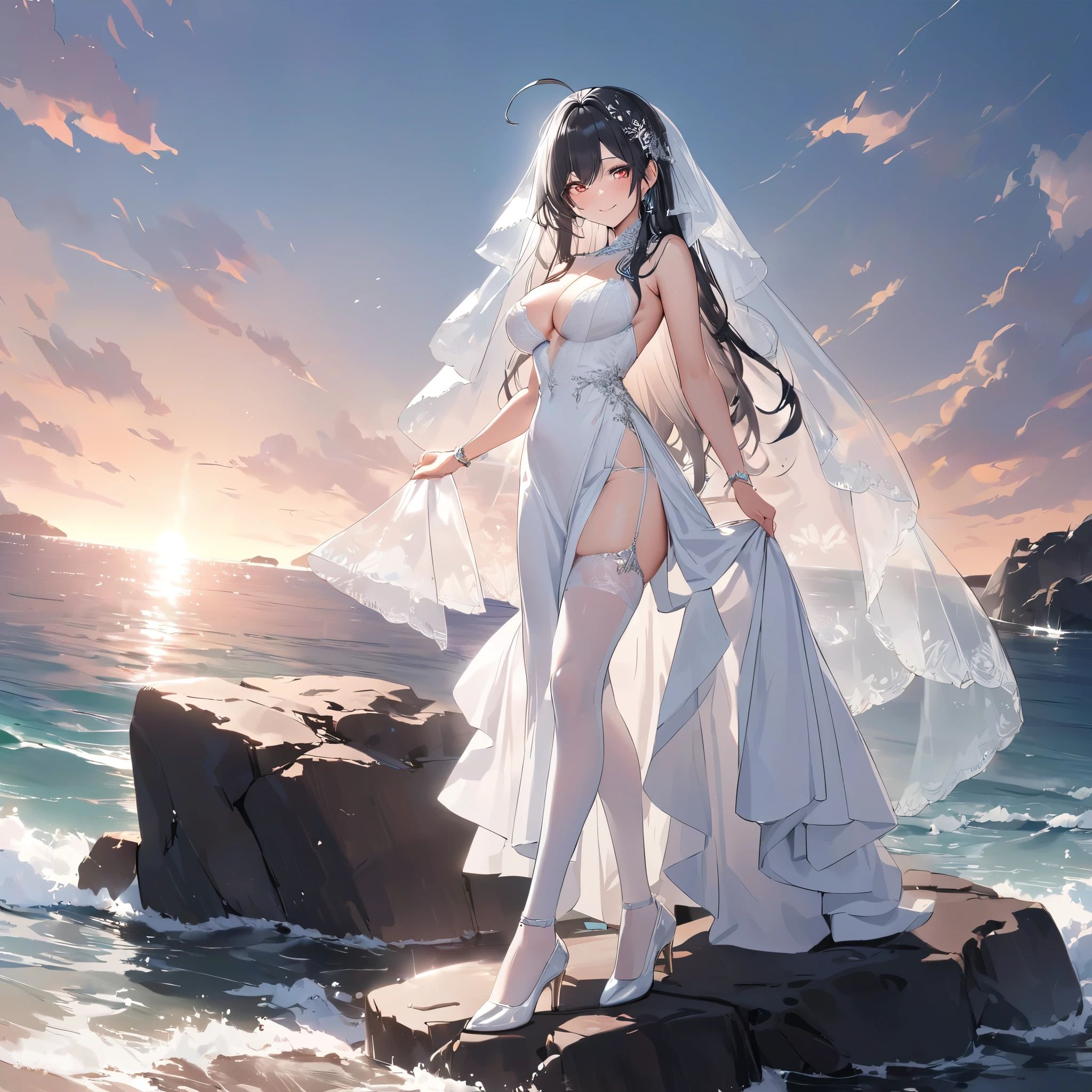A mature woman, black hair, long hair, wearing a white dress, with exposed thigh, long white stockings, silver details on the dress, wearing a transparent wedding veil, red eyes, silver clip, silver bracelet, white heels, smiling, large breasts , ahoge hair, standing postured, perfect face, perfect eyes, on a rock in the sea, background sea, detailed rocks, daytime location with sky and clouds.UHD, masterpiece, accurate, anatomically correct, textured skin, super detail, high quality, best quality, 8k, high resolution, bokeh effect. (woman alone)