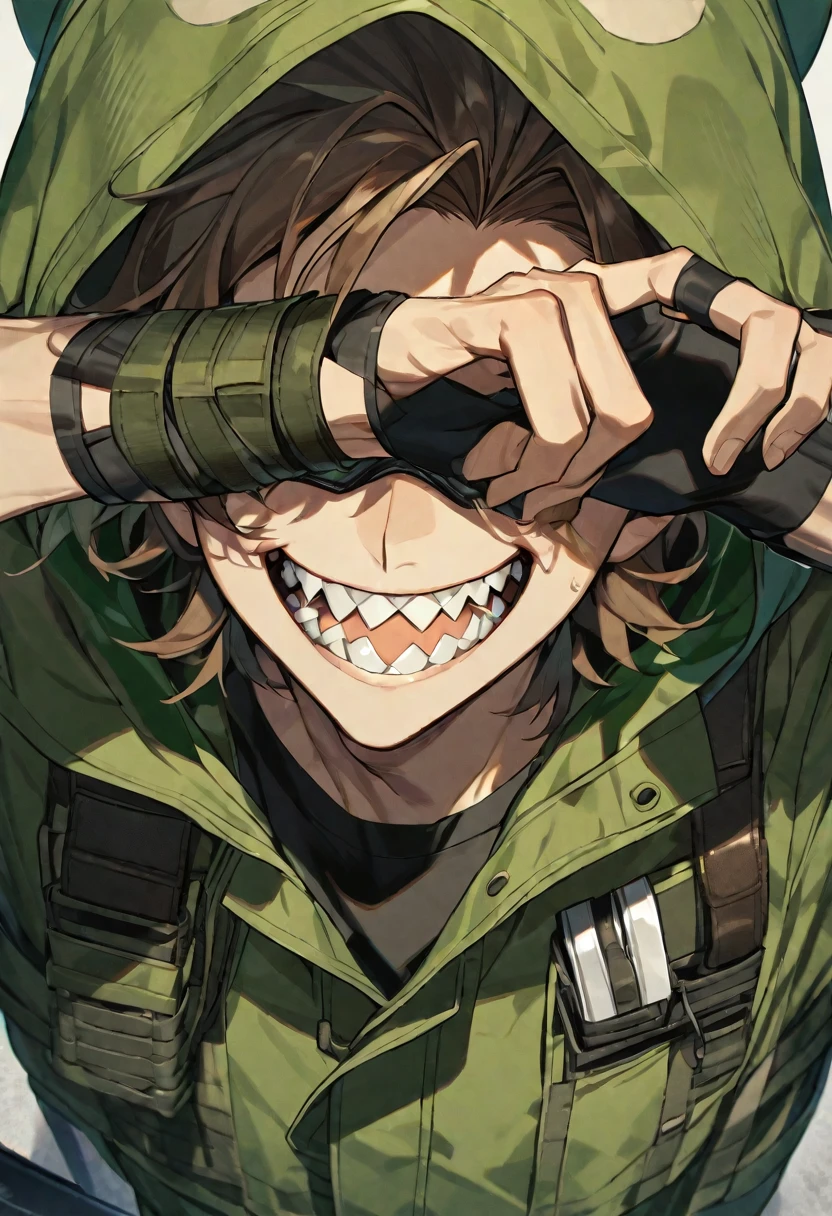 Handsome, solo, 1 male, messy brown hair, green hood, shadow covers his eyes, black shirt, sharp teeth, green jacket, black fingerless gloves, smirk facial, combat knife