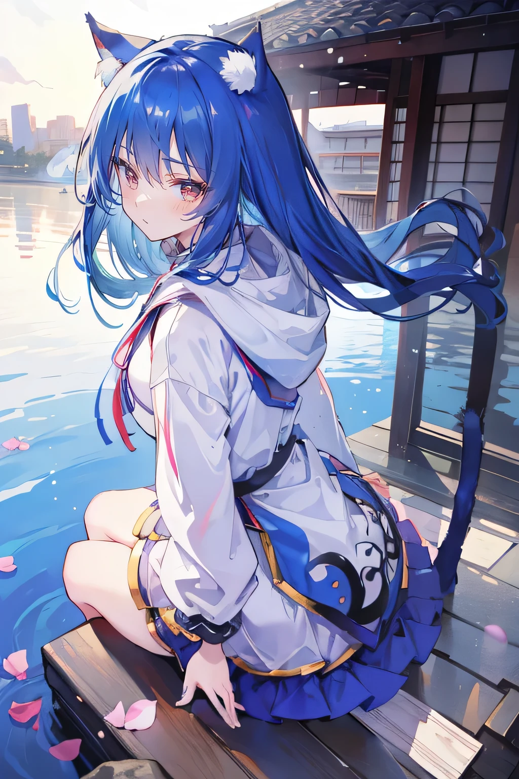 (masterpiece:1.2),Super detailed,lifelike,Expressive eyes,fair skin,perfect face shape,1 girl,
Japanese comics,Gorgeous blue hair,flowing blue hair,flowing clothes,Cat ears,Petals fall,beautiful lola,Baby Angel,
Shaking head with one hand,Cross your legs,Gentle and peaceful background,The pavilion is cool and comfortable,smile, wearing hoodie, background of tokyo,back views,snowing, winter,lie on the water.