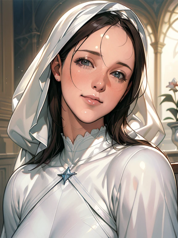 A beautiful ultra-thin Realistic portrait of the Virgin Mary, White outfit with blue details, ((Divinity)), whole body, Biblical, Realistic, Intricate details, Abbott Fuller Graves, Bartholomew Esteban Murillo, JC Leyendecker, Craig Mullins, Peter Paul Rubens, (Caravaggio), Art Station Trends, 8K, Concept Art, Fantasy art, PhotoRealistic, Realistic, shape, Oil, Surrealism, HyperRealistic, Brush Brush, Digital Art, style, watercolor, (A saint with a gentle smile), (RAW Photos, Realistic: 1.25), (Lip gloss, eyelash, Shining Face, Shiny skin, Highest quality, Ultra-high resolution, Written boundary depth, chromatic aberration, Caustics, Moisturized lips, Super Cropped Face, Shining details),