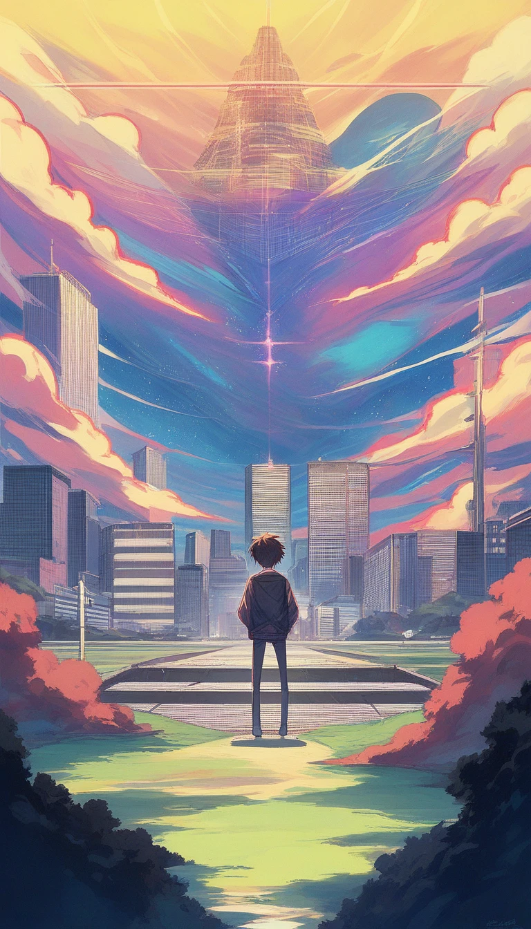 ((Psychedelic shooting starry sky during daytime))、Anime girl looking at the big city view, Cyber City of the Future、 Makoto Shinkai Cyril Rolland, Anime Art Wallpapers 8K, Anime Art Wallpapers 8K, Anime Art Wallpapers 8K, Inspired by Cyril Rolland, Dan Mumford's Artwork Style, Awesome Wallpapers, by Yuumei