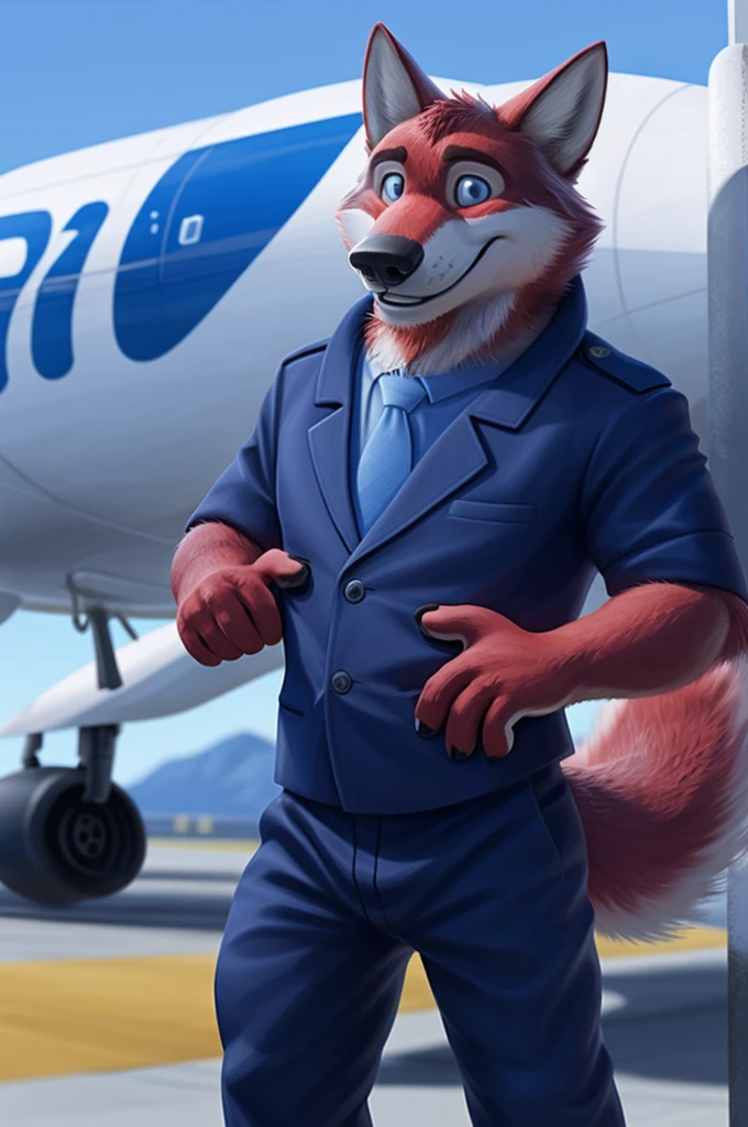Ivan Fedorovich Wolfbach (Novosibirsk) ,высокий Beautiful, wolf,young, 24 years, brown fur,Kind,(red body:1.3),beautiful blue eyes,Novosibirsk,dressed,civil aviation pilot uniform,White shirt,epaulets командира, черный tie, trousers,airline pilot, commander&#39;s cap, trousers,canine, wolf, detailed fur, male, second, paw pads, finger claws,At the viewer, 5 fingers, paws, 5 fingers, smile, wrist watch, т nextel,by xenoforge, (difficult, high detail, digital photography, soft focus, RAW,goes for a walk, ,Very close to the camera,airport,Novosibirsk, smile, good mood, positive, Very close to the camera,without hair, epaulets captain, shoulder straps yellow stripe 4, plane tu-154m
Photorealism, realistic, photorealistic, digital style, Subsurface scattering,I look at the viewer,стоит White shirt, epaulets, captain, trousers, tie, next to a Boeing 747 400 plane,smile, teeth, Beautiful, 
masterpiece, Best quality, ultra realistic, 8 thousand.)
