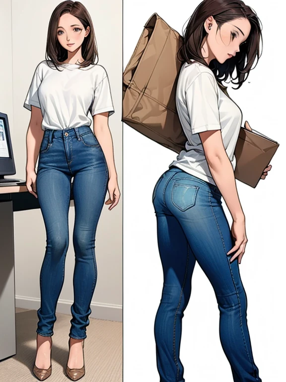 Detailed character sheet, Front view, Side view, Oblique view, with a white returnground, show women, 30 years old, with short dark brown hair combed return, Light casual clothing, Wearing tight denim jeans. The seat includes different angles, Front desk etc.., return, and Side views, Model and Reference Sheets, Full body painting. The ratio is based on 7.5 Head Scale.