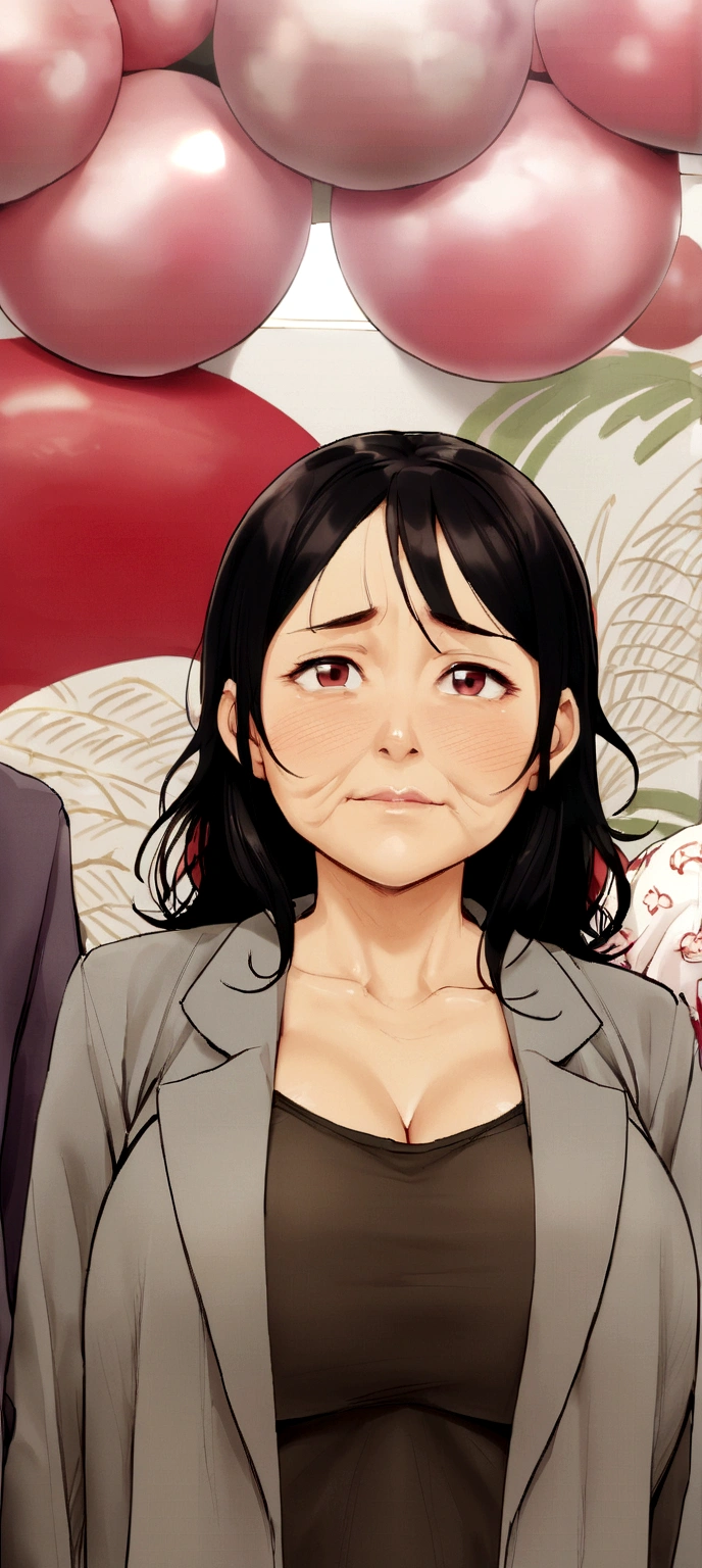(Chinese woman)(55 years old)(Wrinkles on the face)(Darker skin)(Big breasts and big buttocks)(Bare chest)(Wearing a bathrobe)