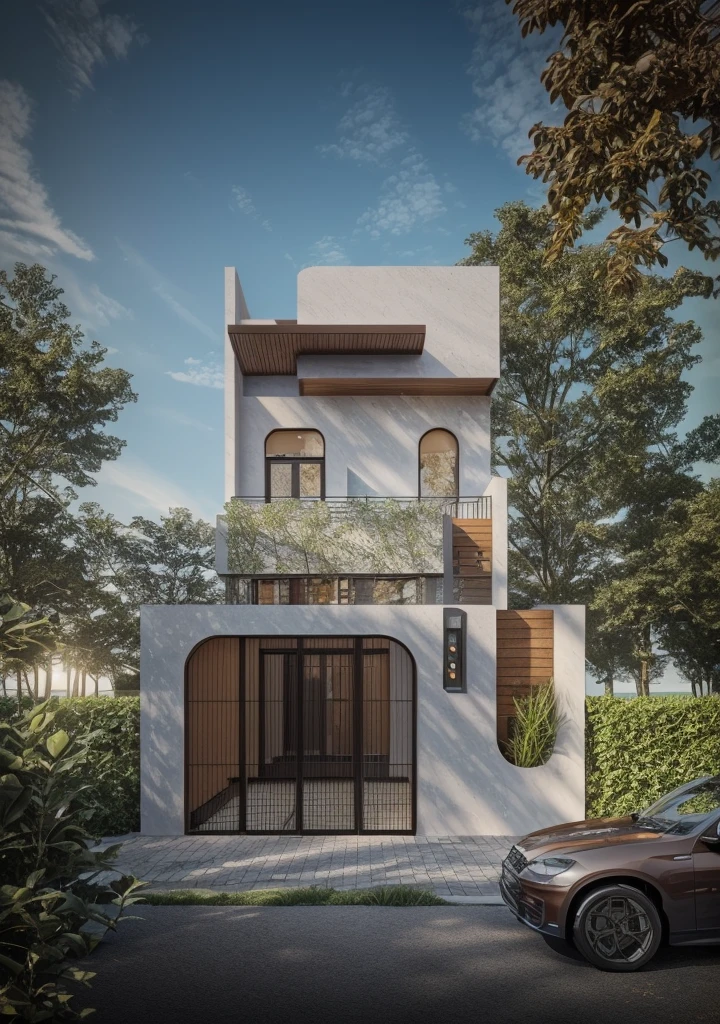 in style of ultra realistic, architectural visualization, architectural rendering, overall architectural design, ultra modern, quality rendering, urban house,