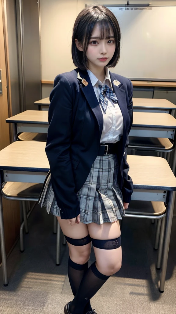 masterpiece, best quality, illustration, Super detailed, fine details, High resolution, 8K,wall paper, perfect dynamic composition,(Details High quality, realistic depiction of eyes:1.3), from side, High School Classroom、High school girl uniform、blazer 、Super Short Check Uniform Skirt、Navy blue high socks、garterbelts、Colossal tits、Disturbed uniform, short bob hair, black hair color, huge breasts, Big Natural Color Lip, bold sexy pose, (perfect body shape), crying a little、Harajuku style、20 year old girl、 beautiful legs, hposing Gravure Idol, Voluptuous thighs